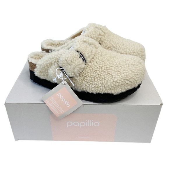 New Birkenstock x Papillo Boston Teddy Shearling Platform Clog in Eggshell - Picture 2 of 10